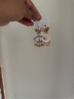 Butterfly Eye Dangle Earrings - Gold & Pink Accent